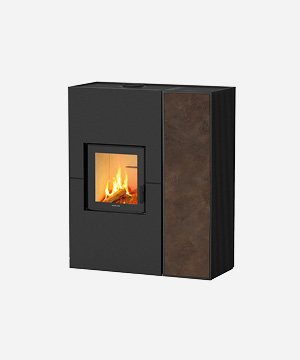 STUFA IBRIDA LEGNA-PELLET CANALIZZABILE CON ALIMENTAZIONE A SORGENTE AUTOPULENTE TWIN SLIM MATERIA GRES CORTEN