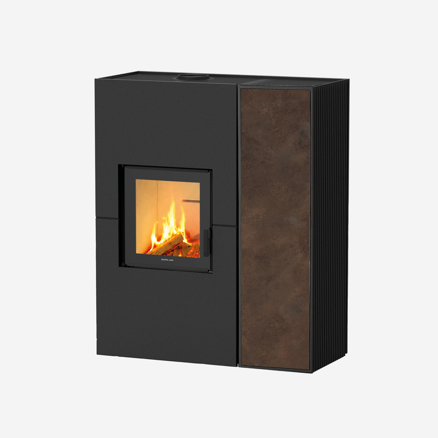 STUFA IBRIDA LEGNA-PELLET CANALIZZABILE CON ALIMENTAZIONE A SORGENTE AUTOPULENTE TWIN SLIM MATERIA GRES CORTEN